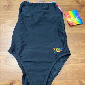 Speedo Black One Piece with Rainbow Accents